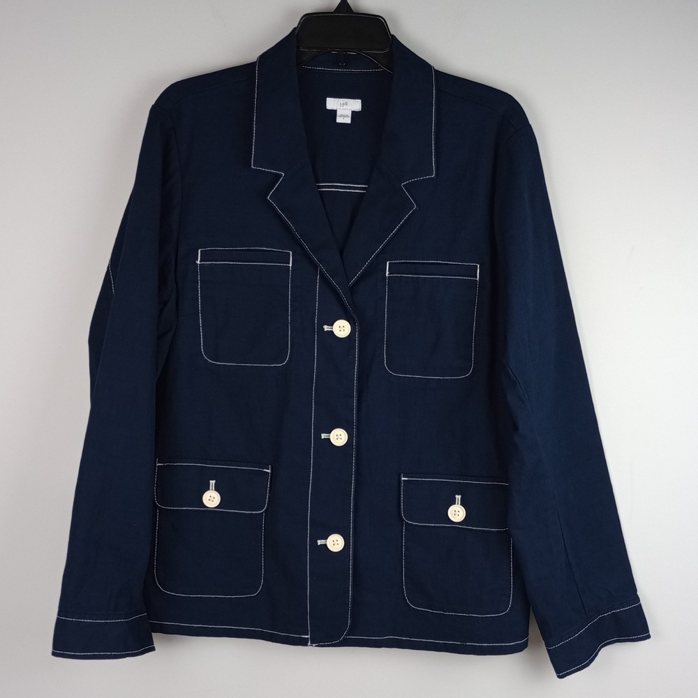 J.Jill Womens L Navy Blue Tailored Button Front Contrast Stitch Utility Jacket